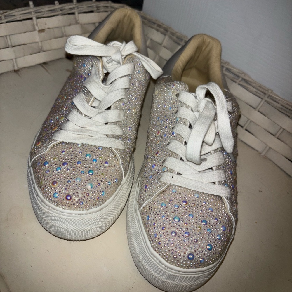 Betsey Johnson White and Multicolor Rhinestone Sneakers